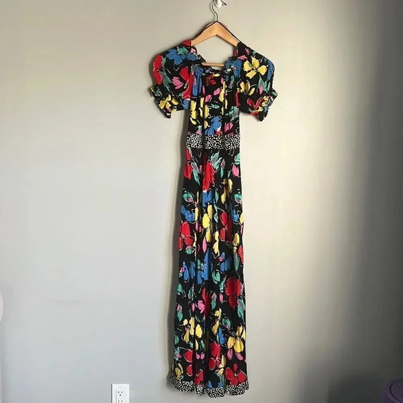 Rixo Target Floral Off Shoulder Puff Sleeve Dress Black Multicolor - Picture 2 of 8